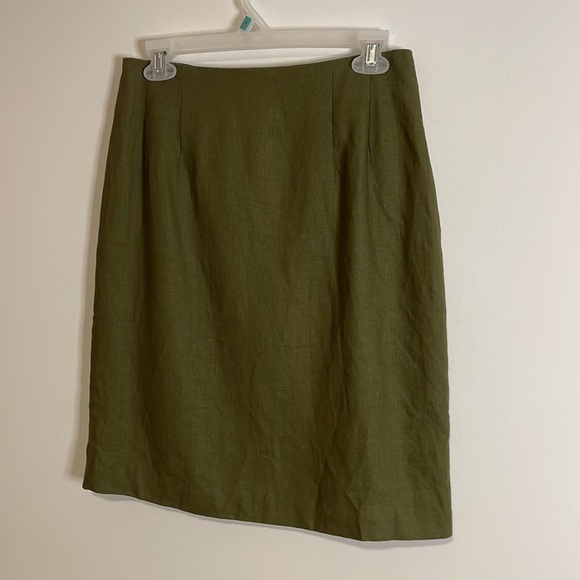 Bill Blass 100% Linen Pencil Skirt 10 Olive Green Mid Slit Blassport - Picture 2 of 12